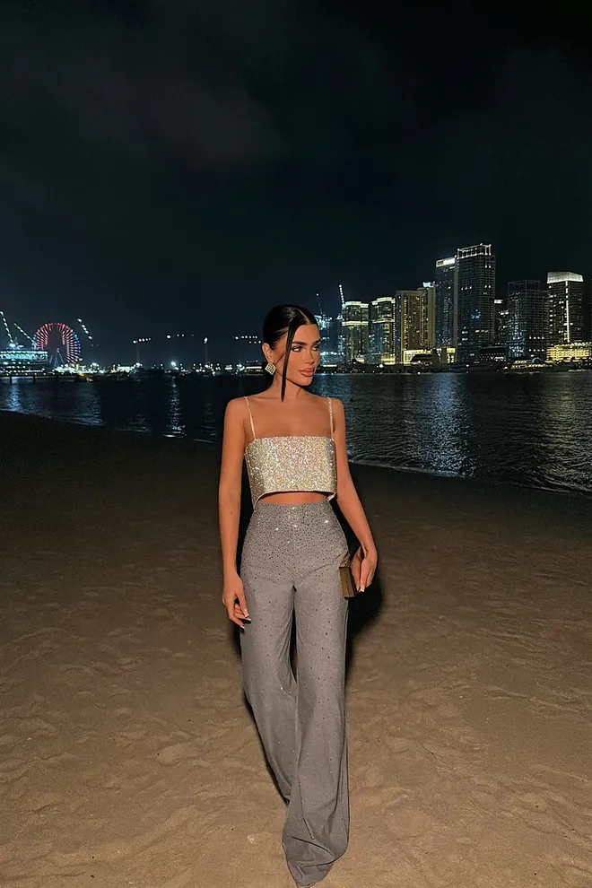 EYYO ATELIER بنطال رمادي بريق رائع جنسي بالازو ملابس بالجملة جنسي