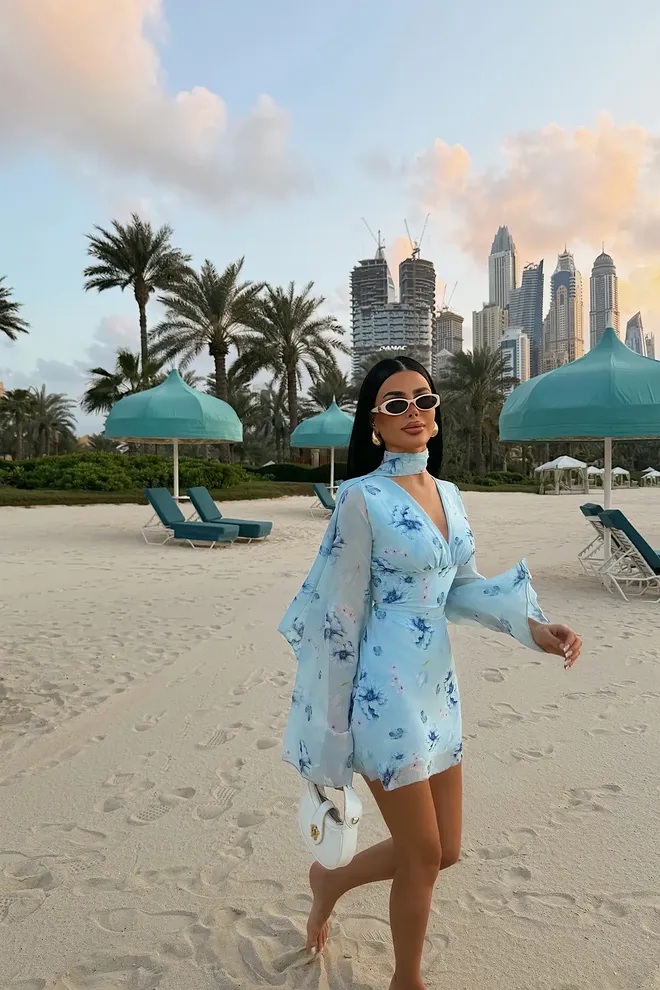 EYYO ATELIER Blue Floral Bodycon Mini Dress With Bell Sleeves Wholesale Clothing Casual