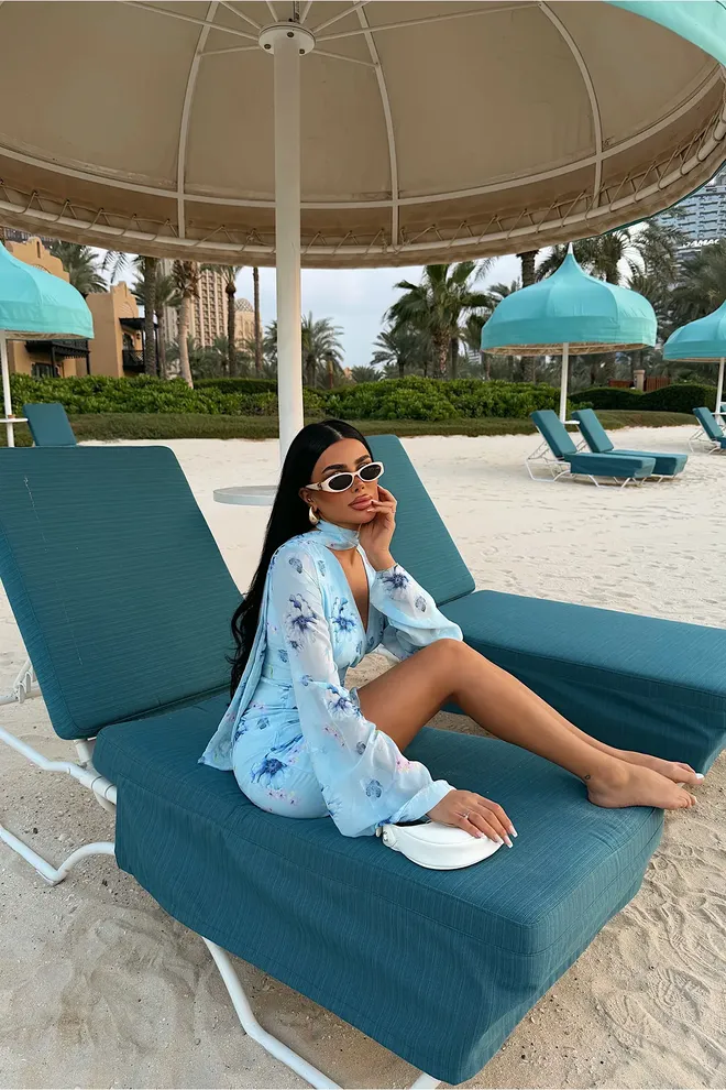 EYYO ATELIER Mavi Çiçekli Bodycon Mini Elbise Ve Çan Kol Toptan Giyim Sahil Giyim