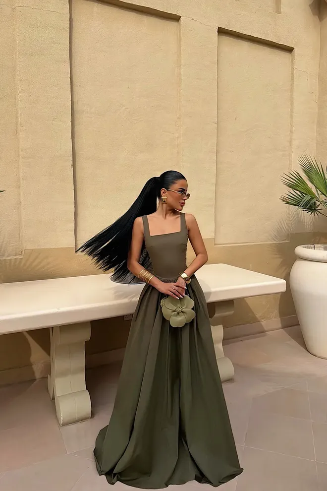 EYYO ATELIER Vestido Caqui Elegante Línea A Con Cuello Cuadrado Ropa al por mayor Formal