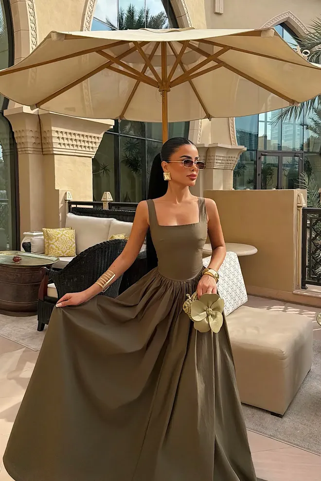 EYYO ATELIER Elegant Khaki A Line Dress With Square Neck Wholesale Clothing 1