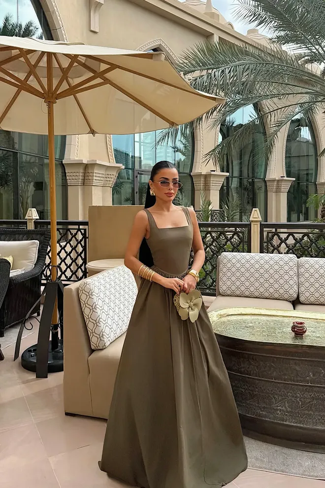 EYYO ATELIER Elegant Khaki A Line Dress With Square Neck Wholesale Clothing Spring