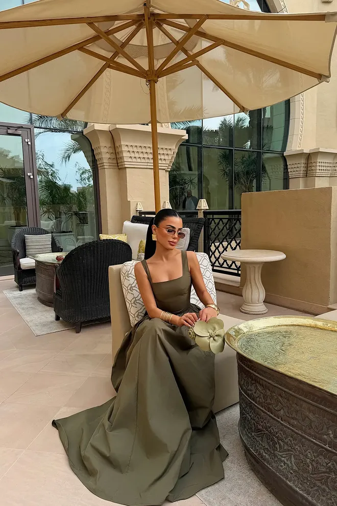 EYYO ATELIER Elegant Khaki A Line Dress With Square Neck Wholesale Clothing Birthday