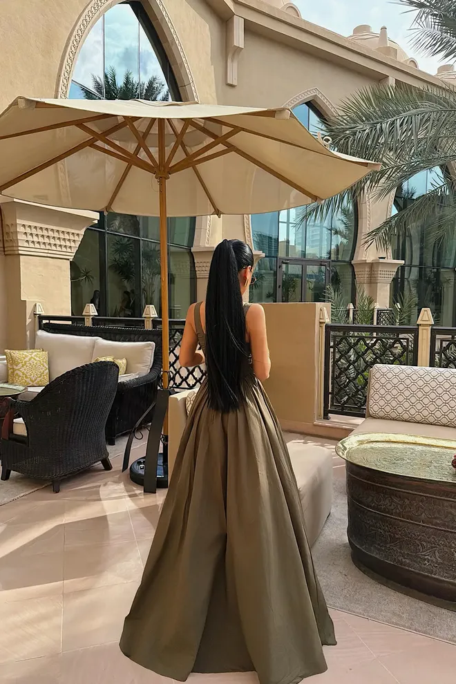 EYYO ATELIER Elegant Khaki A Line Dress With Square Neck Wholesale Clothing Glam