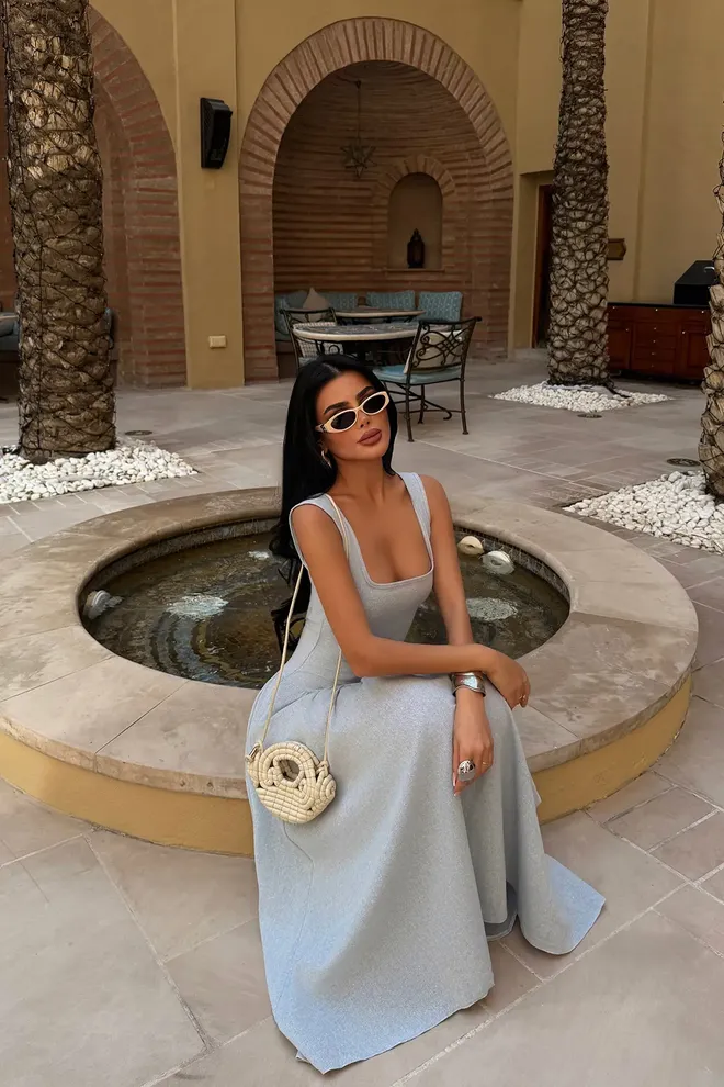 EYYO ATELIER Grey Fit And Flare Dress With Square Neck Wholesale Clothing Spring