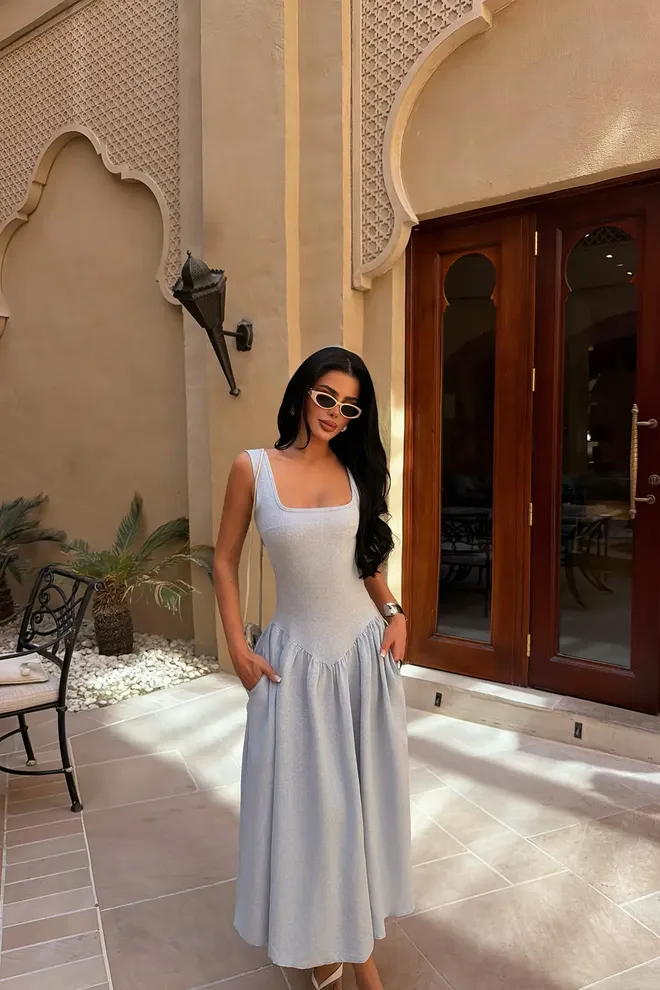 EYYO ATELIER Grey Fit And Flare Dress With Square Neck Wholesale Clothing 1