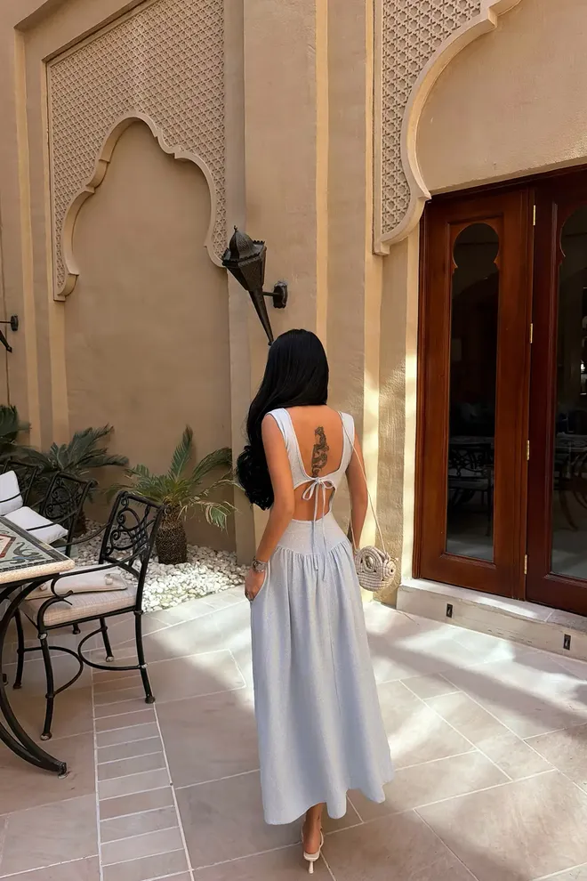 EYYO ATELIER Grey Fit And Flare Dress With Square Neck Wholesale Clothing Sexy