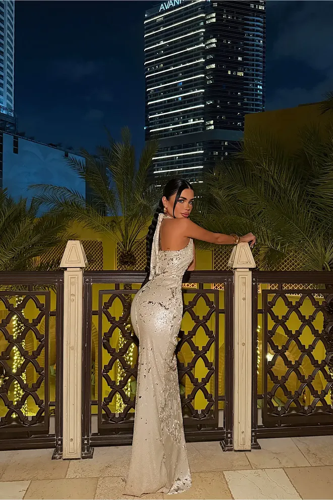 EYYO ATELIER Silver Glam Bodycon Halter Neck Floor Length Dress Wholesale Clothing Formal