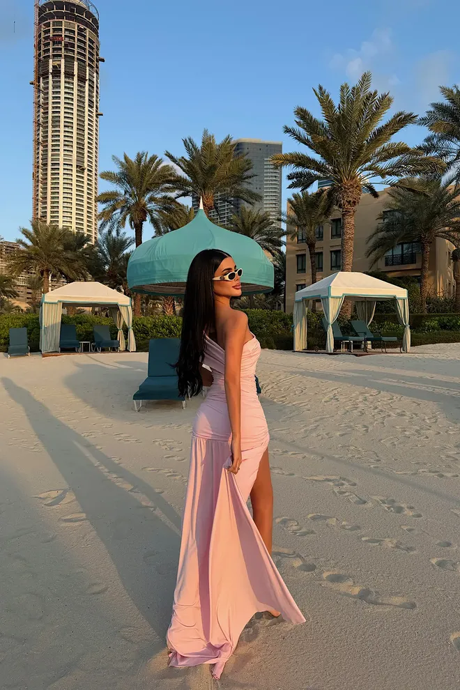 EYYO ATELIER Sexy Elegant Pink Bodycon Dress With One Shoulder Neck Wholesale Clothing Formal