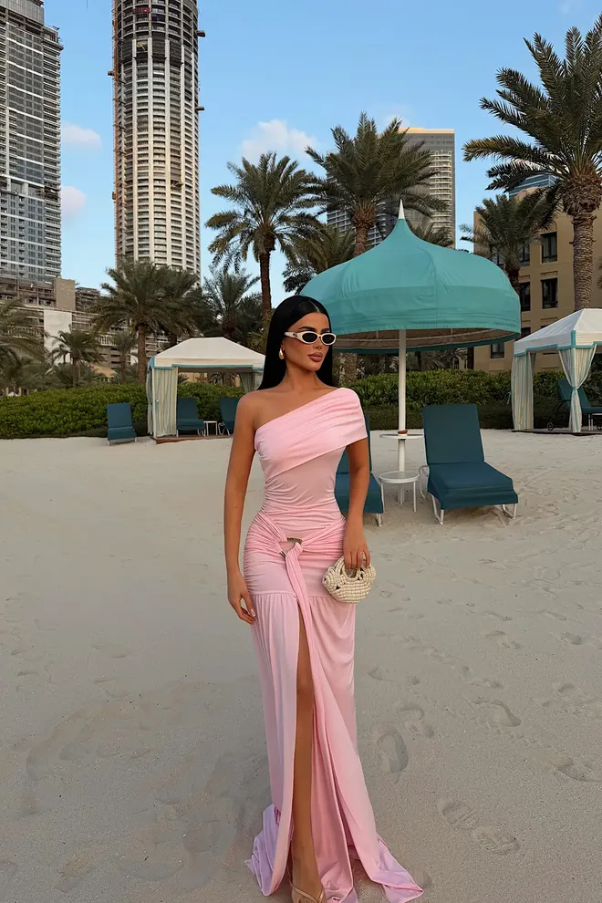 EYYO ATELIER Sexy Elegant Pink Bodycon Dress With One Shoulder Neck Wholesale Clothing Sexy