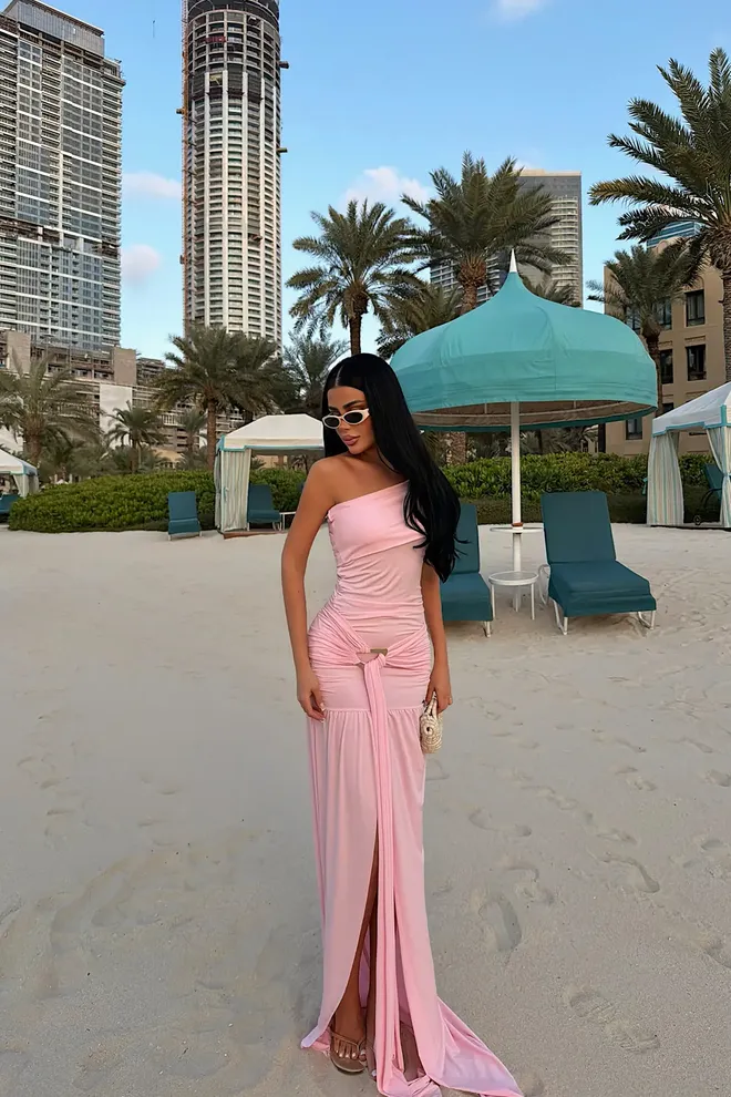 EYYO ATELIER Sexy Elegant Pink Bodycon Dress With One Shoulder Neck Wholesale Clothing Cocktail