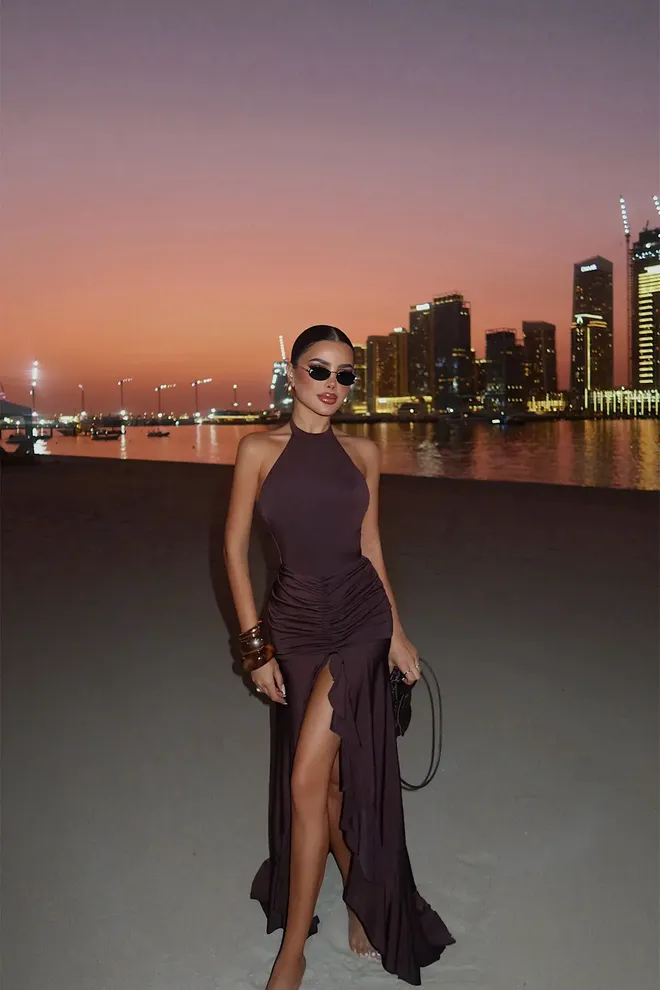 EYYO ATELIER Claret Red Elegant Halter Neck Slit Dress Wholesale Clothing Sexy