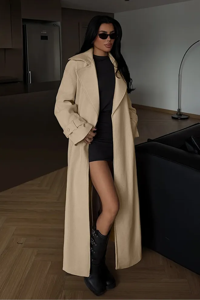 EYYO ATELIER Beige Elegant Wrapover Single Breasted Coat Wholesale Clothing Work