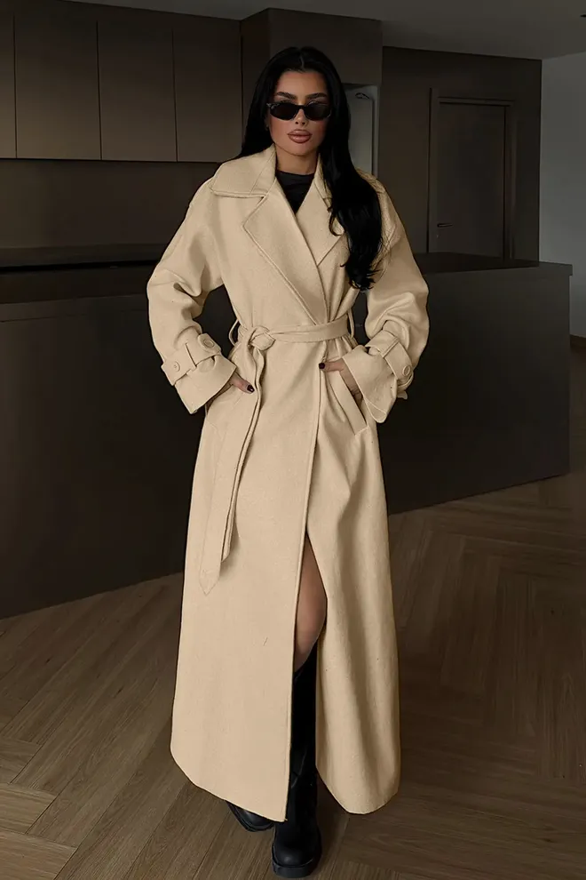 EYYO ATELIER Бежово Елегантно Палто С Преплитане И Едноредово Закопчаване Дрехи на едро Небрежен