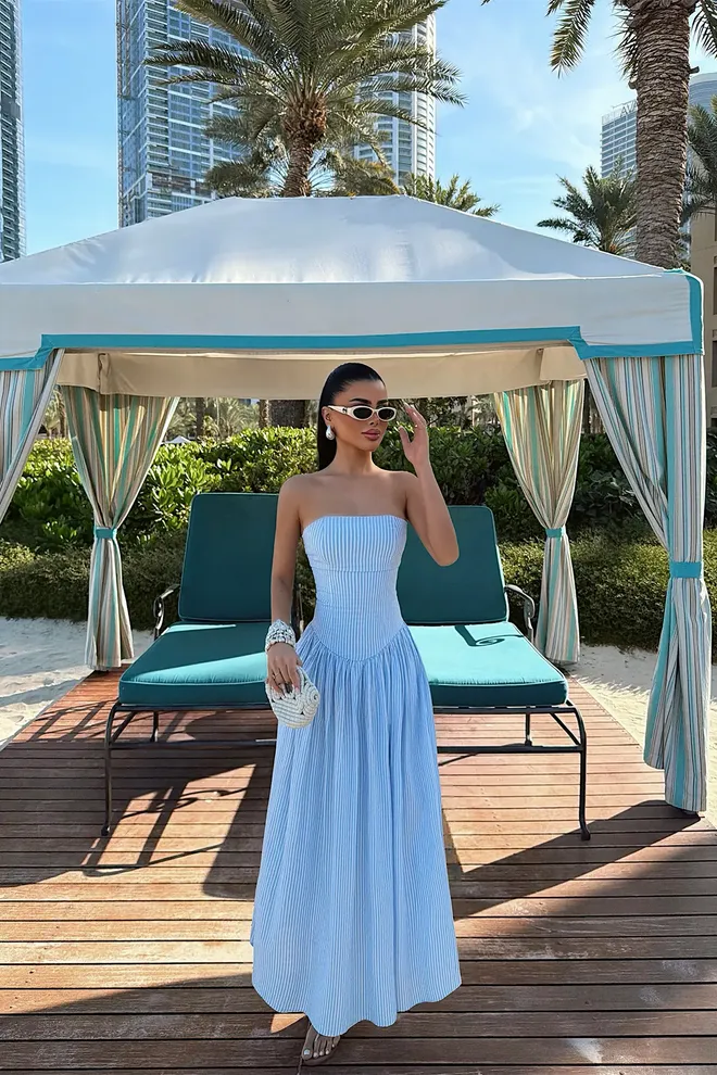 EYYO ATELIER Blue Strapless A Line Maxi Dress With Stripes Wholesale Clothing 1