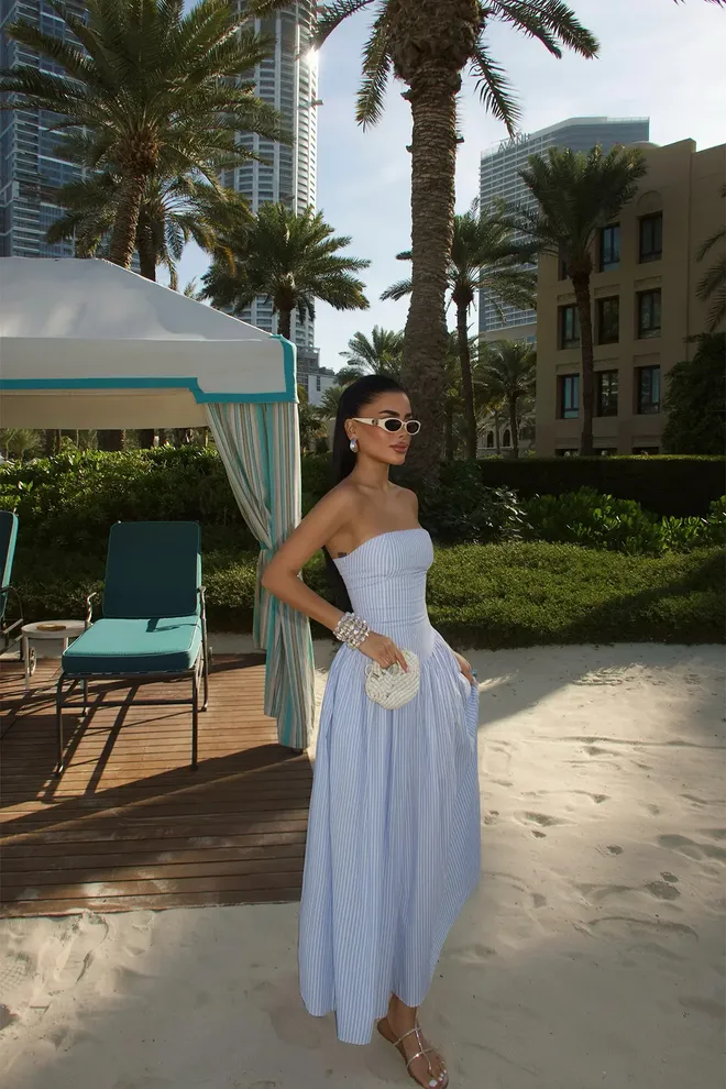 EYYO ATELIER Blue Strapless A Line Maxi Dress With Stripes Wholesale Clothing Boho