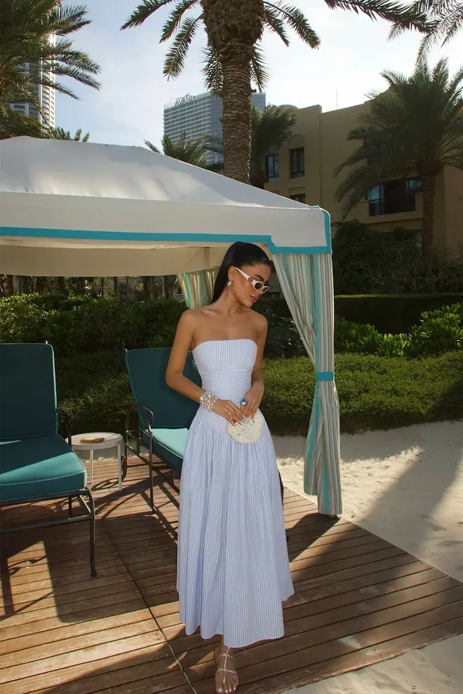 EYYO ATELIER Blue Strapless A Line Maxi Dress With Stripes Wholesale Clothing Beach