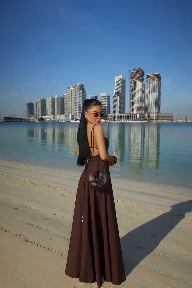 EYYO ATELIER Kahverengi Fit & Flare Elbise Derin Dekolteli Toptan Giyim Bahar