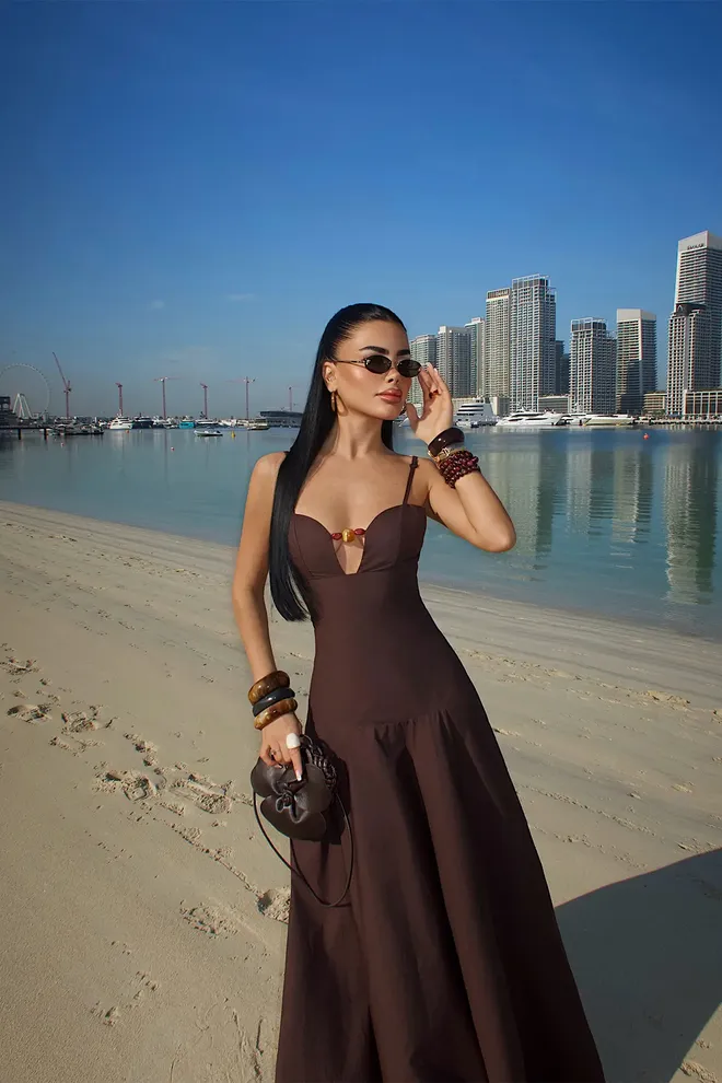 EYYO ATELIER Kahverengi Fit & Flare Elbise Derin Dekolteli Toptan Giyim 1