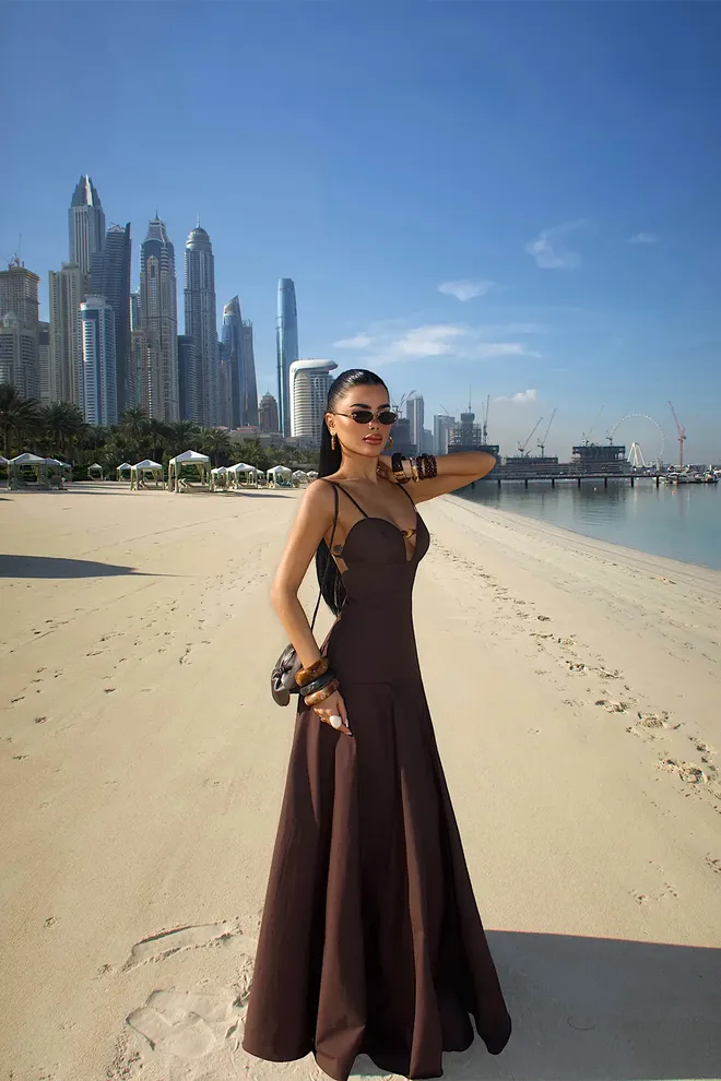 EYYO ATELIER Kahverengi Fit & Flare Elbise Derin Dekolteli Toptan Giyim Kokteyl