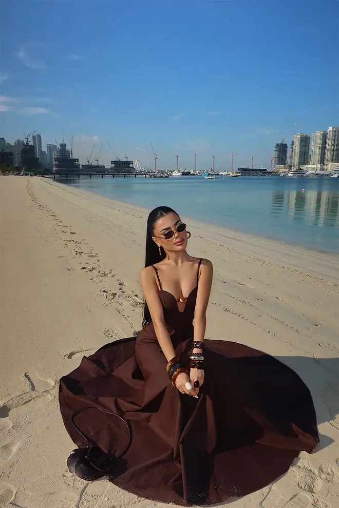 EYYO ATELIER Kahverengi Fit & Flare Elbise Derin Dekolteli Toptan Giyim Resmi