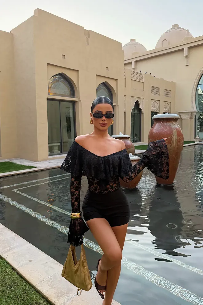 EYYO ATELIER Black Bodysuit Sexy Elegant Glam Long Sleeve Bell Sleeve Off Shoulder Neck Fitted Wholesale Clothing Sexy