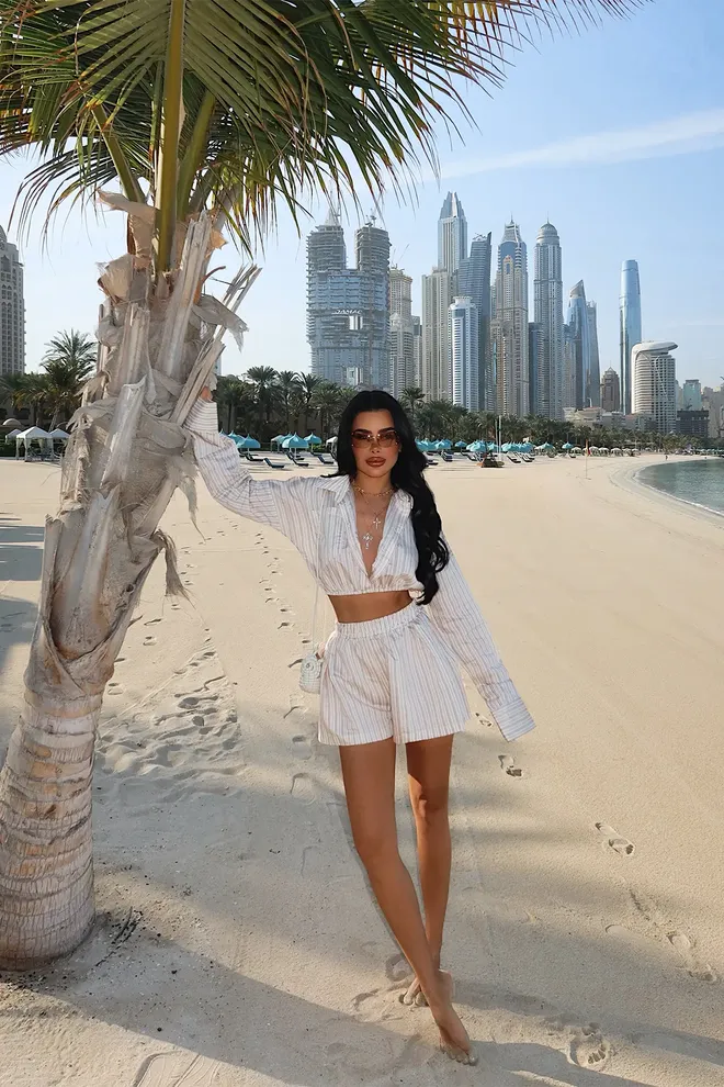 EYYO ATELIER Beige Striped Casual Sexy Elegant Glam Set Wholesale Clothing Casual