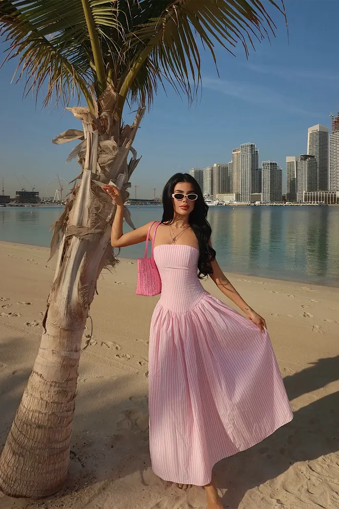 EYYO ATELIER فستان وردي بدون حمالات ماكسي بليزر ملابس بالجملة غير رسمي