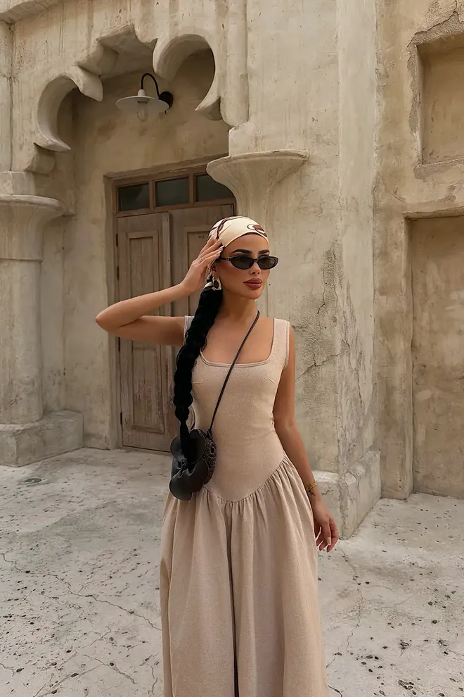 EYYO ATELIER Bej Kare Yakalı Fit & Flare Elbise Toptan Giyim Bahar