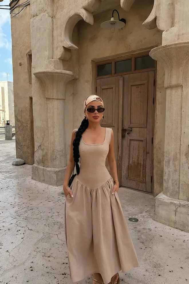 EYYO ATELIER Bej Kare Yakalı Fit & Flare Elbise Toptan Giyim Boho