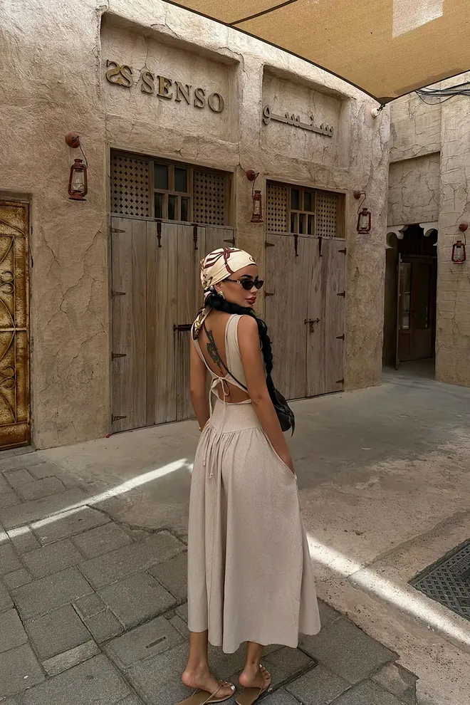 EYYO ATELIER Bej Kare Yakalı Fit & Flare Elbise Toptan Giyim 5