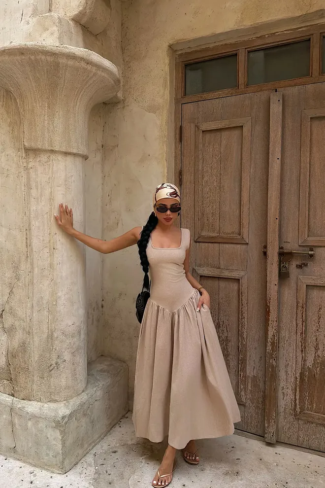 EYYO ATELIER Bej Kare Yakalı Fit & Flare Elbise Toptan Giyim 1