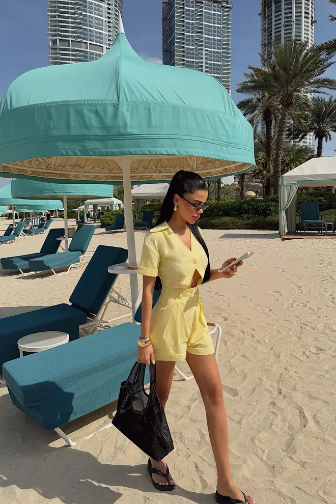 EYYO ATELIER Sarı Gündelik Seksi Zarif Sokak Tarzı Tulum Toptan Giyim Bahar