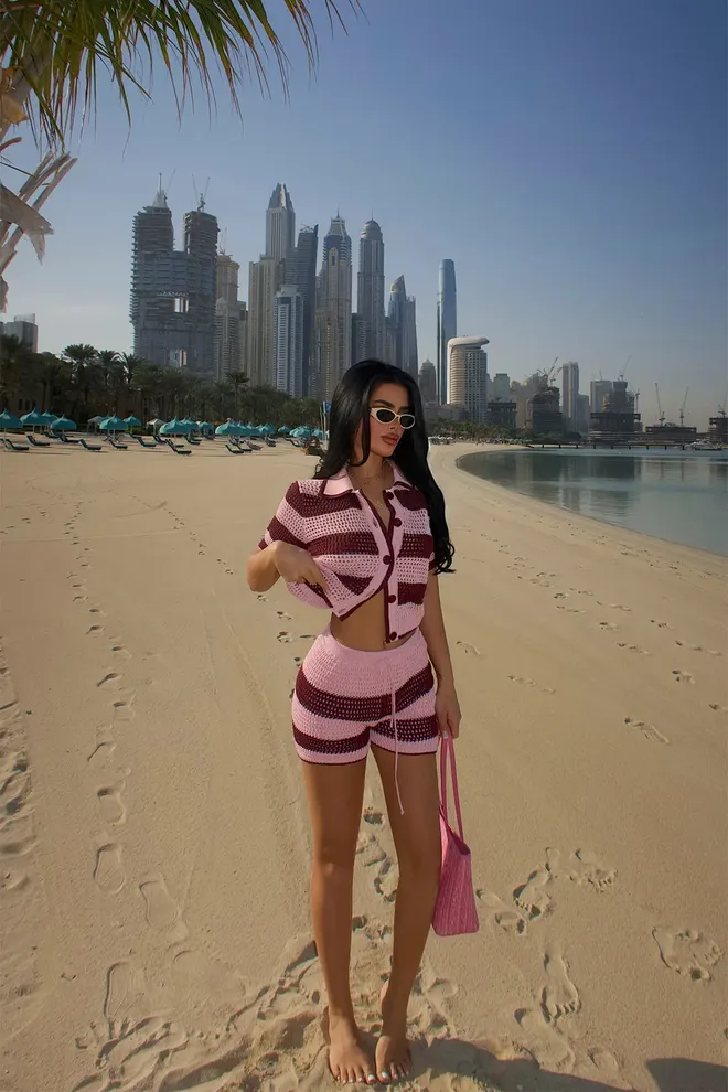 EYYO ATELIER Pink Striped Casual Streetwear Set Wholesale Clothing Beach