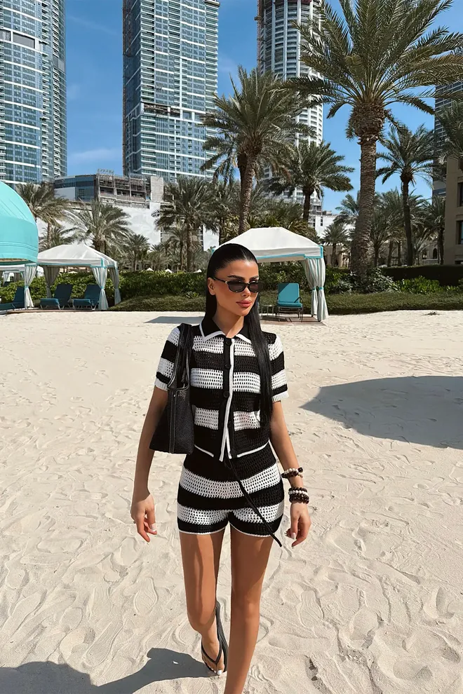 EYYO ATELIER Black Striped Slim Fit Casual Set Wholesale Clothing Beach