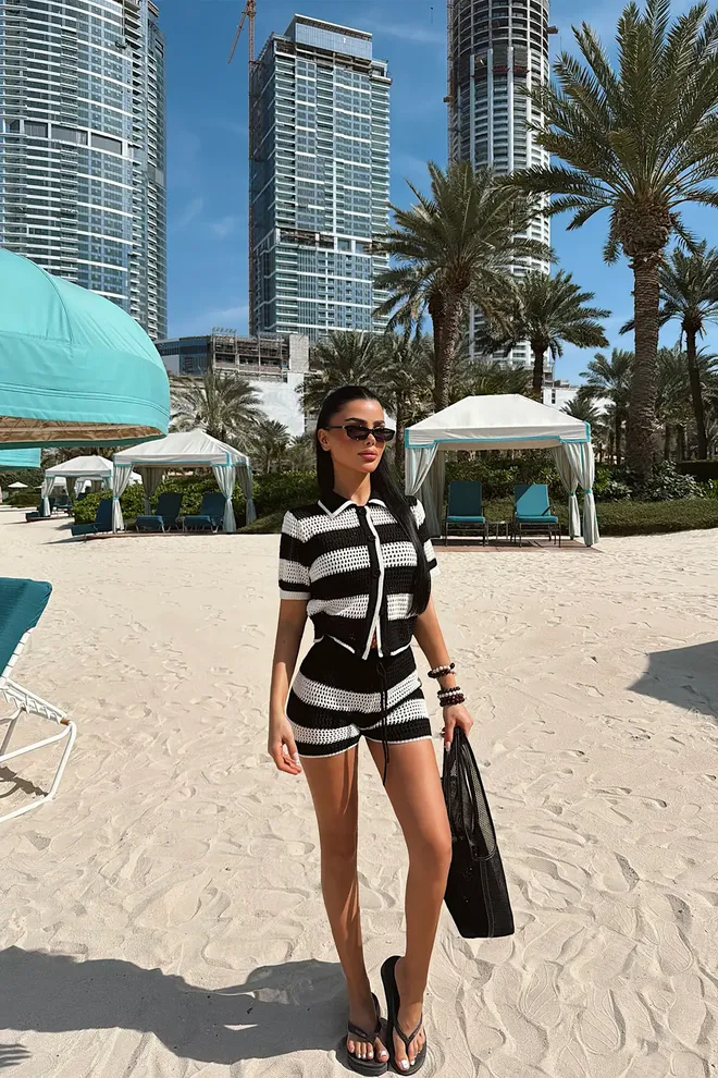 EYYO ATELIER Black Striped Slim Fit Casual Set Wholesale Clothing Casual