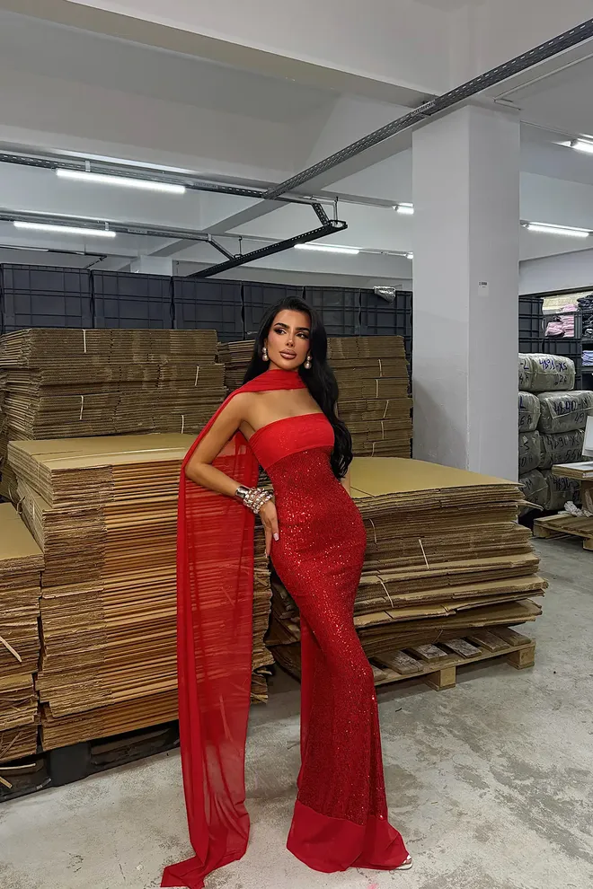 EYYO ATELIER Kırmızı Seksi Zarif Işıltılı Resmi Bodycon Elbise Kolsuz Yer Hizasında Straplez Toptan Giyim Seksi