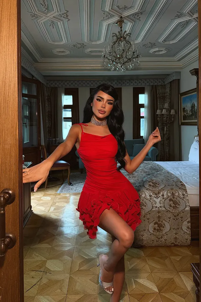 EYYO ATELIER Kırmızı Seksi Işıltılı Bodycon Elbise Kare Yakalı Toptan Giyim Seksi