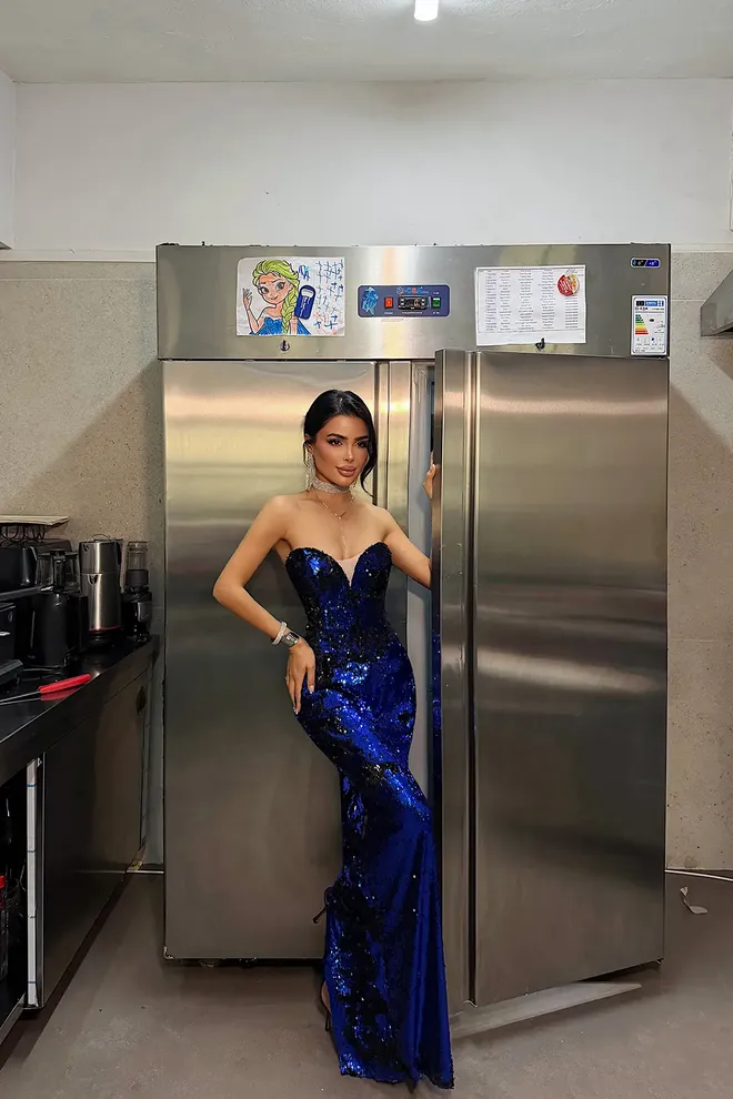 EYYO ATELIER فستان أزرق جنسي بريق رائع رسمي ملابس بالجملة كوكتيل