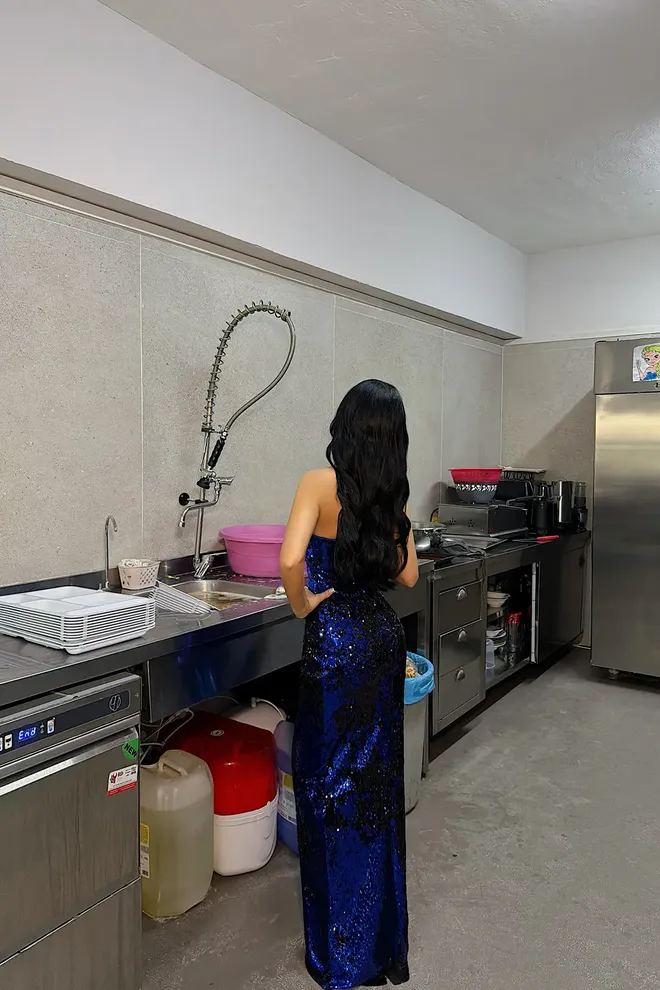 EYYO ATELIER فستان أزرق جنسي بريق رائع رسمي ملابس بالجملة رَسمِيّ