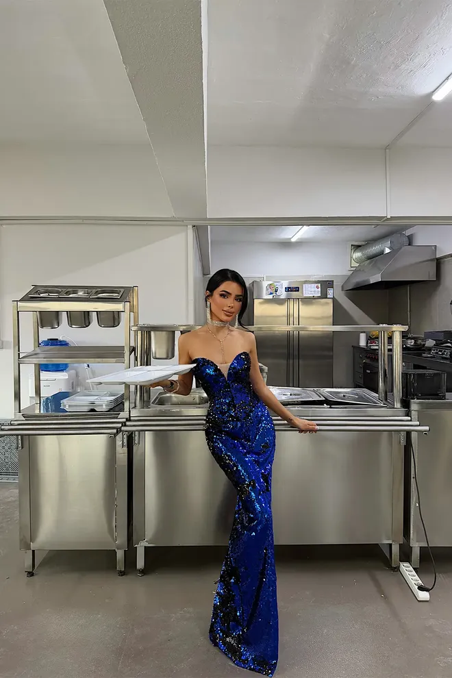 EYYO ATELIER فستان أزرق جنسي بريق رائع رسمي ملابس بالجملة ربيع