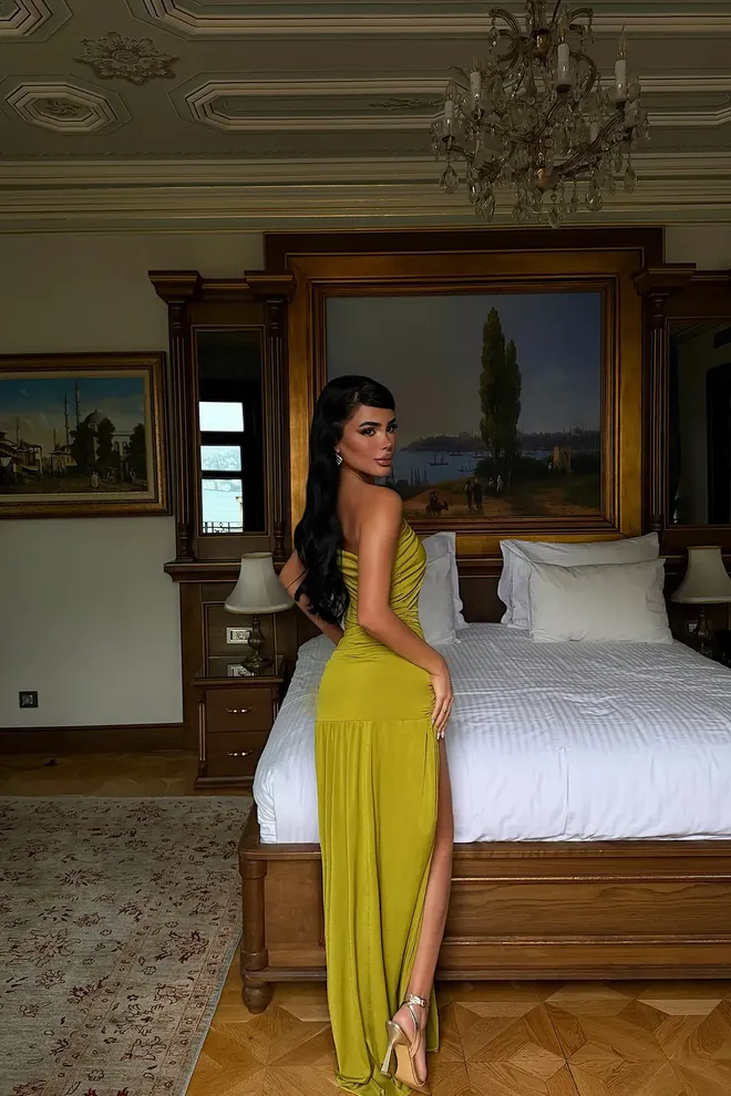 EYYO ATELIER Sarı Seksi Zarif Resmi Işıltılı Fit & Düz Elbise Toptan Giyim Resmi