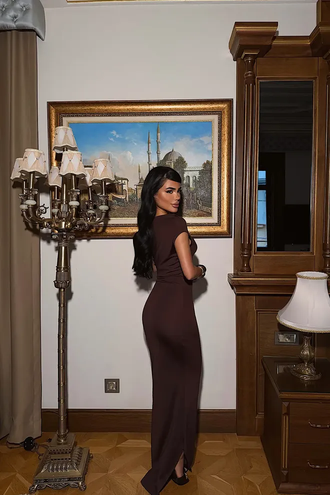 EYYO ATELIER Brown Elegant Bodycon Dress With One Shoulder Neck Wholesale Clothing Fall