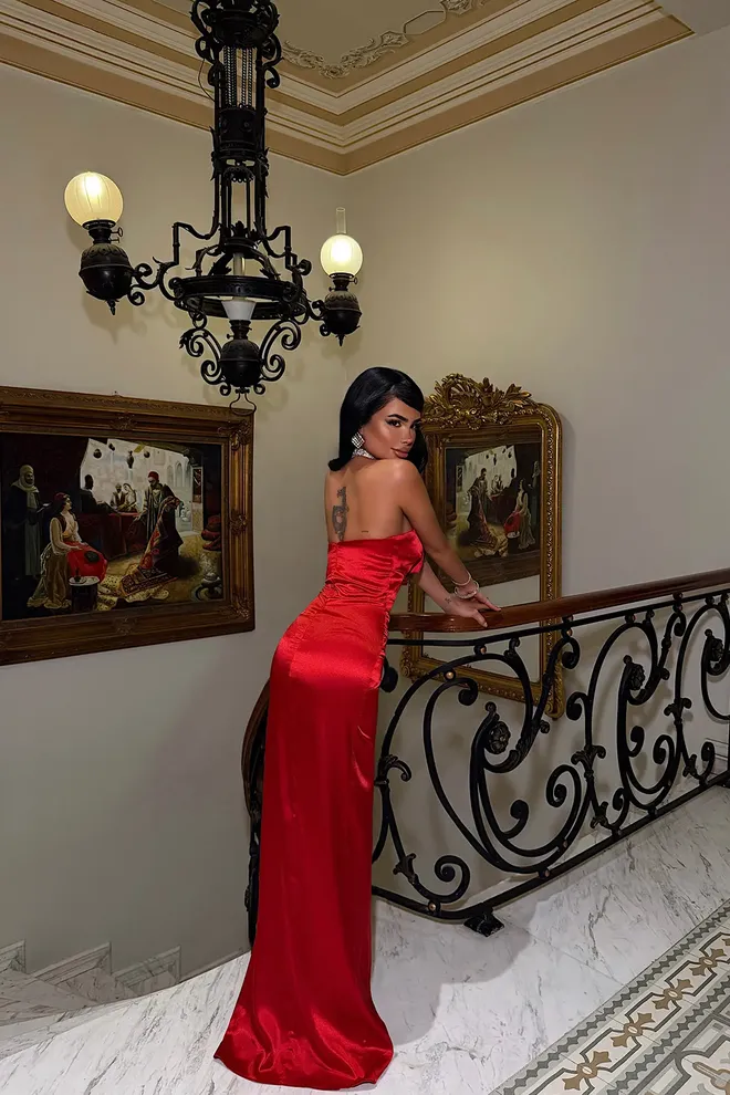 EYYO ATELIER Red Strapless Bodycon Dress With Cap Sleeves Wholesale Clothing Formal