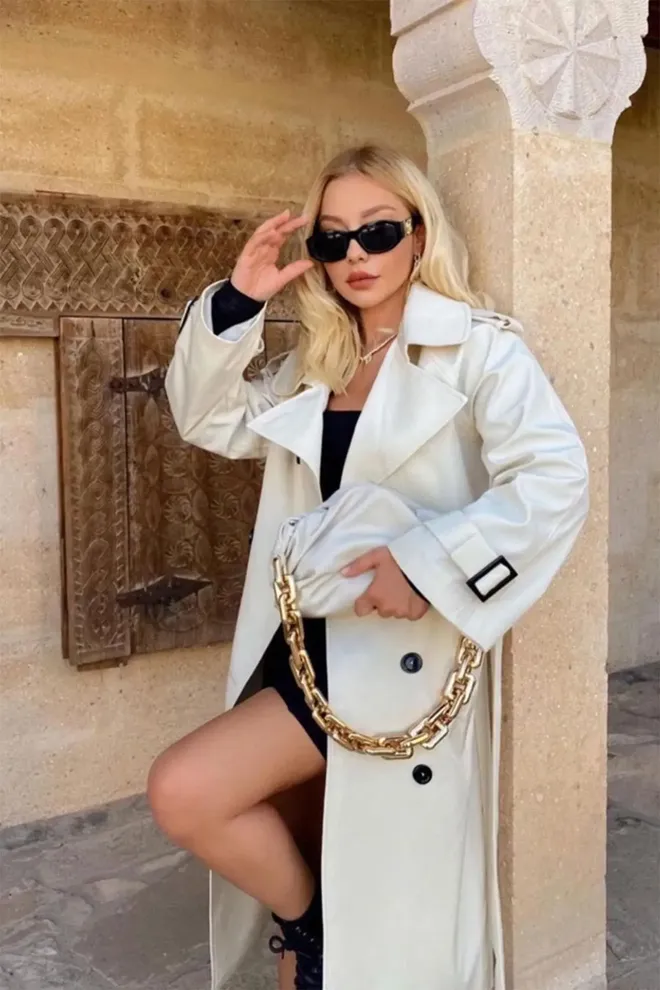 EYYO ATELIER Beyaz Zarif Resmi Seksi Sokak Tarzı Trençkot Toptan Giyim Seksi