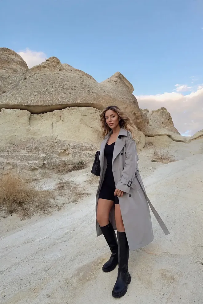 EYYO ATELIER Gri Trençkot Zarif Tek Ve Çift Düğmeli Toptan Giyim Gündelik