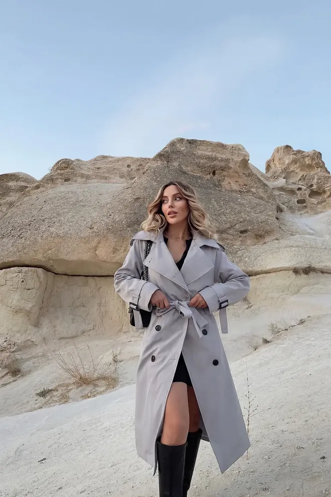 EYYO ATELIER Grey Trenchcoat Elegant Single & Double Breasted Wholesale Clothing 1