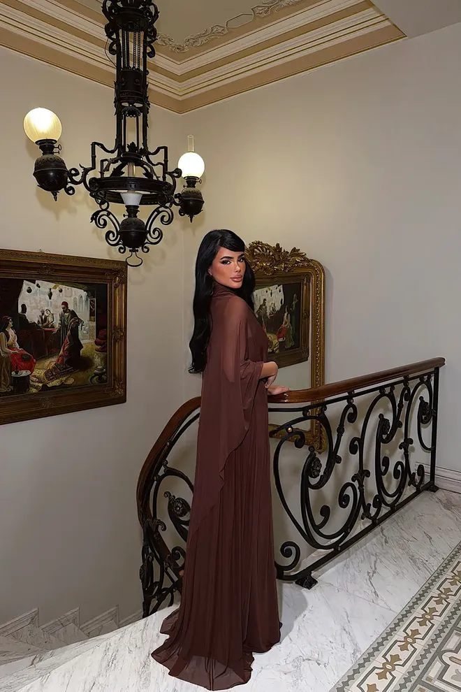 EYYO ATELIER Elegant Brown A Line Dress With Plunging Neck Wholesale Clothing Spring