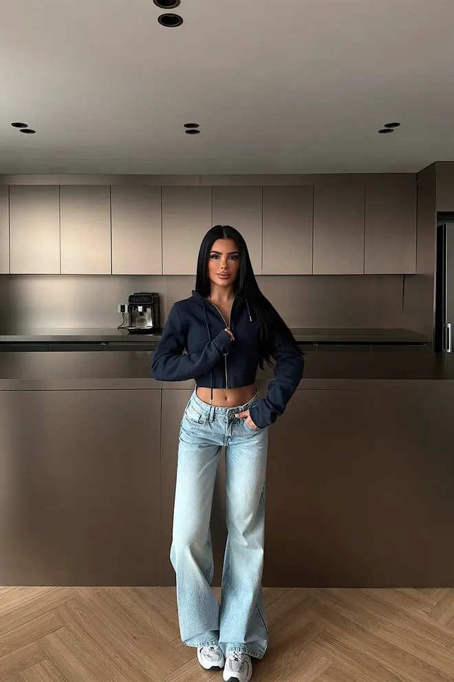 EYYO ATELIER Navy Blue Zip Up Slim Fit Hooded Neck Crop Cardigan Wholesale Clothing 1