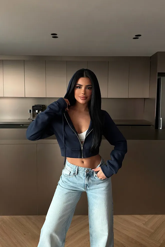 EYYO ATELIER Casaco De Malha Azul marinho Slim Fit Com Fecho Éclair Decote Com Capuz E Corte Curto Roupas por atacado Casual